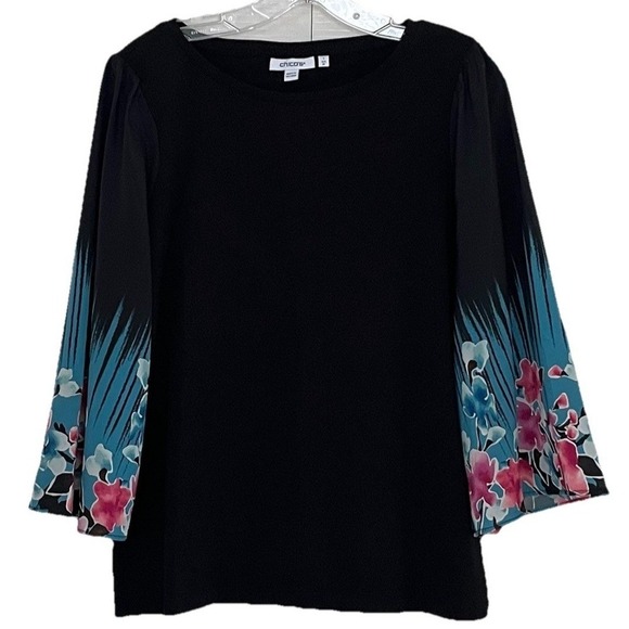Chico's Tops - Chicos Womens Blouse M/1 Black Floral 3/4 Bell Sleeve Pullover Comfort Stretch